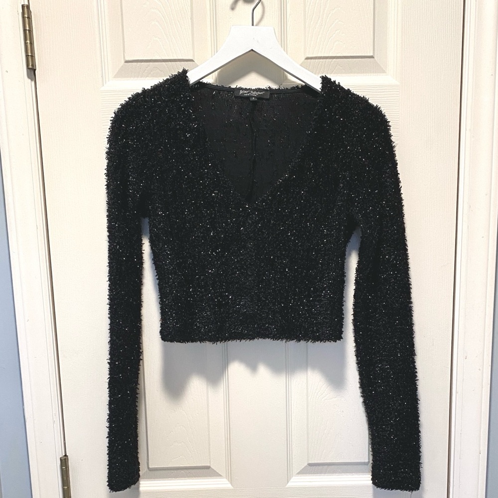 Betsey Johnson Vintage Sparkly Cropped Black Cardigan EUC